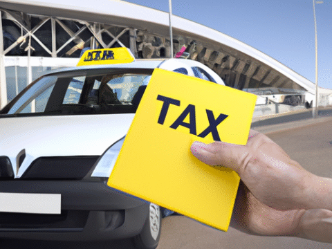 Photo réaliste d'un passager qui reçoit un reçu d'un chauffeur de taxi devant le terminal d'Orly, avec la plaque du véhicule et le macaron chauffeur visibles pour illustrer les vérifications avant montée.