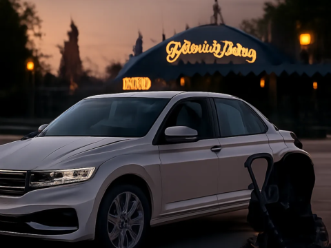 Une illustration rassurante montrant un taxi confortable prêt à accueillir une famille à Disneyland Paris. L’image évoque la sécurité, la ponctualité et la simplicité d’un transfert réservé à l’avance.