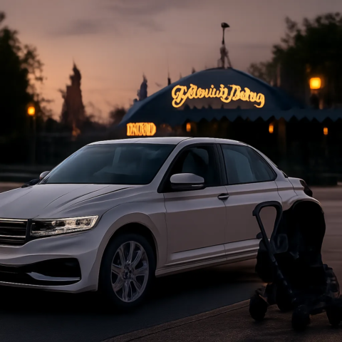 Une illustration rassurante montrant un taxi confortable prêt à accueillir une famille à Disneyland Paris. L’image évoque la sécurité, la ponctualité et la simplicité d’un transfert réservé à l’avance.