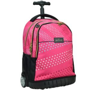 Un sac à roulettes de marque Hallmark rose fuchsia, orné de motifs à pois multicolores et équipé d'une poignée télescopique noire.