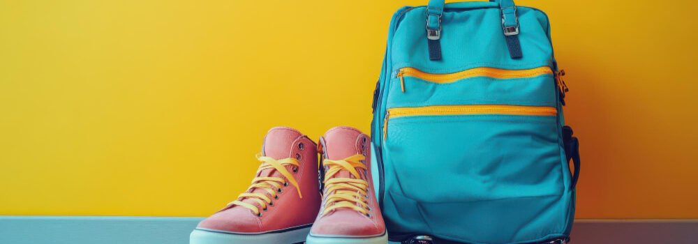 Un sac à dos à roulettes bleu turquoise posé à côté d'une paire de patins à roulettes roses devant un mur jaune.
