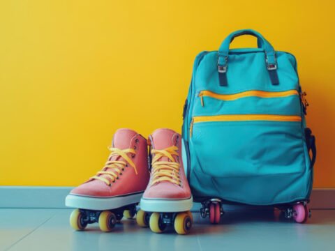 Un sac à dos à roulettes bleu turquoise posé à côté d'une paire de patins à roulettes roses devant un mur jaune.