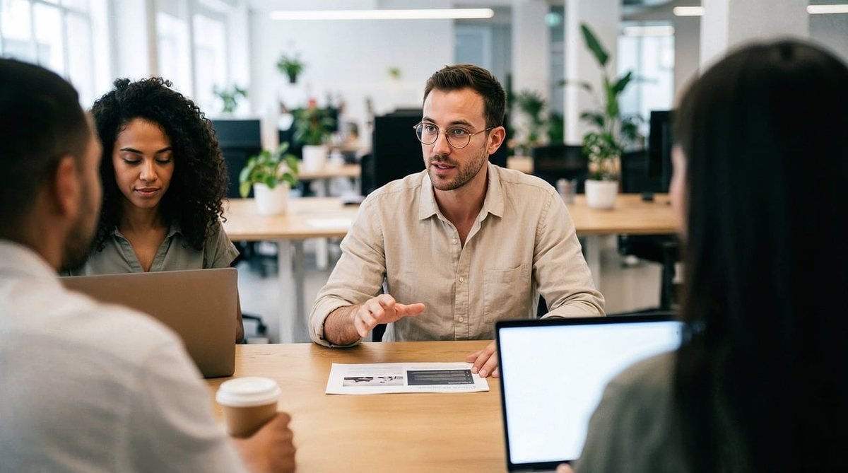Quatre professionnels réunis autour d'une table de travail avec laptops et documents dans un bureau lumineux