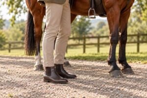 Personne portant des bottines près d'un cheval dans le cadre de ses activités équestres.