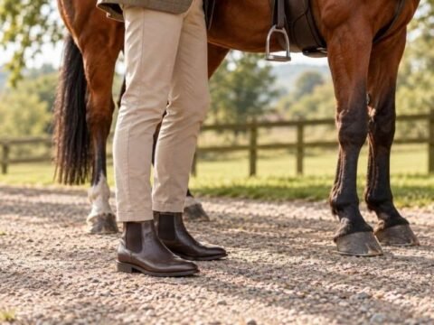 Personne portant des bottines près d'un cheval dans le cadre de ses activités équestres.