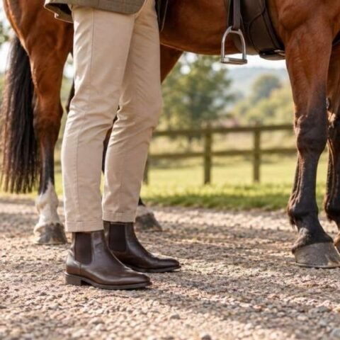 Personne portant des bottines près d'un cheval dans le cadre de ses activités équestres.
