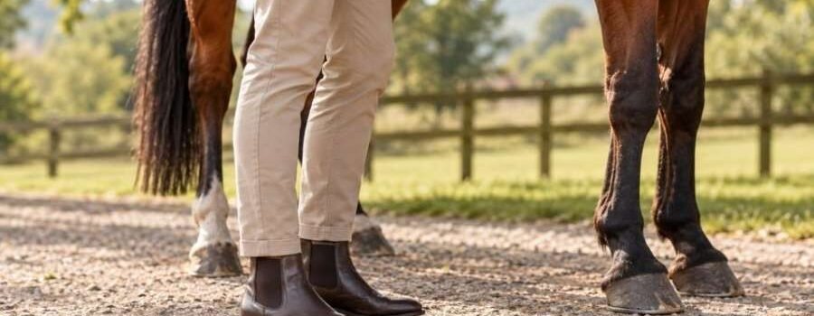 Personne portant des bottines près d'un cheval dans le cadre de ses activités équestres.