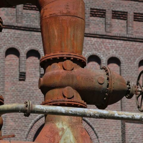 Pipes rouillés et vanne à main devant un mur de brique