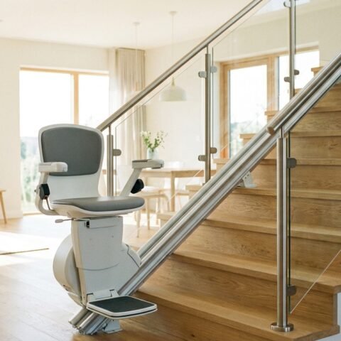 Monte-escalier installé le long d'un escalier de maison, rampe moderne, intérieur clair