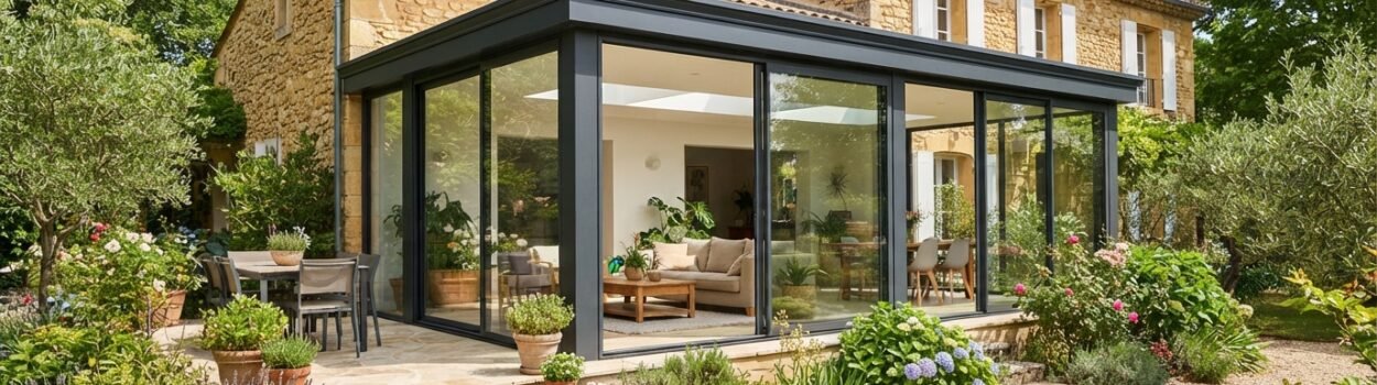 Véranda moderne en aluminium accolée à une maison, baies vitrées, jardin ensoleillé