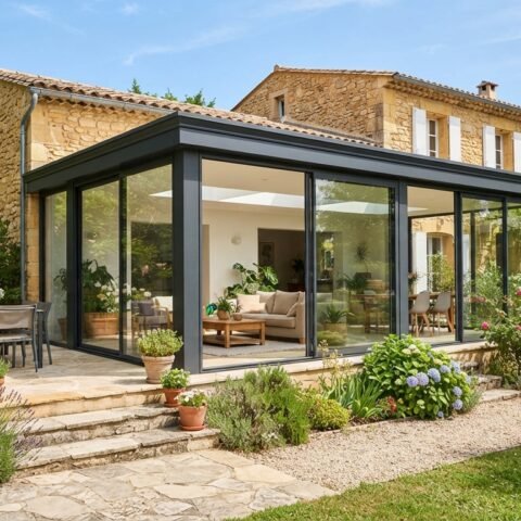 Véranda moderne en aluminium accolée à une maison, baies vitrées, jardin ensoleillé